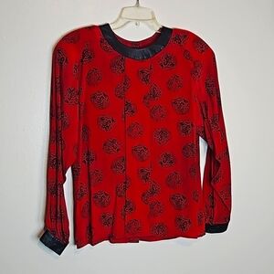 Erena by Irene Koenig Vintage red/black dot leather trim Blouse size 8 EUC